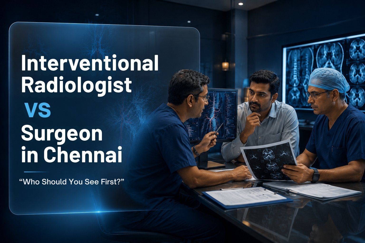 Medical consultation with an Interventional Radiologist and Surgeon reviewing treatment options in Chennai