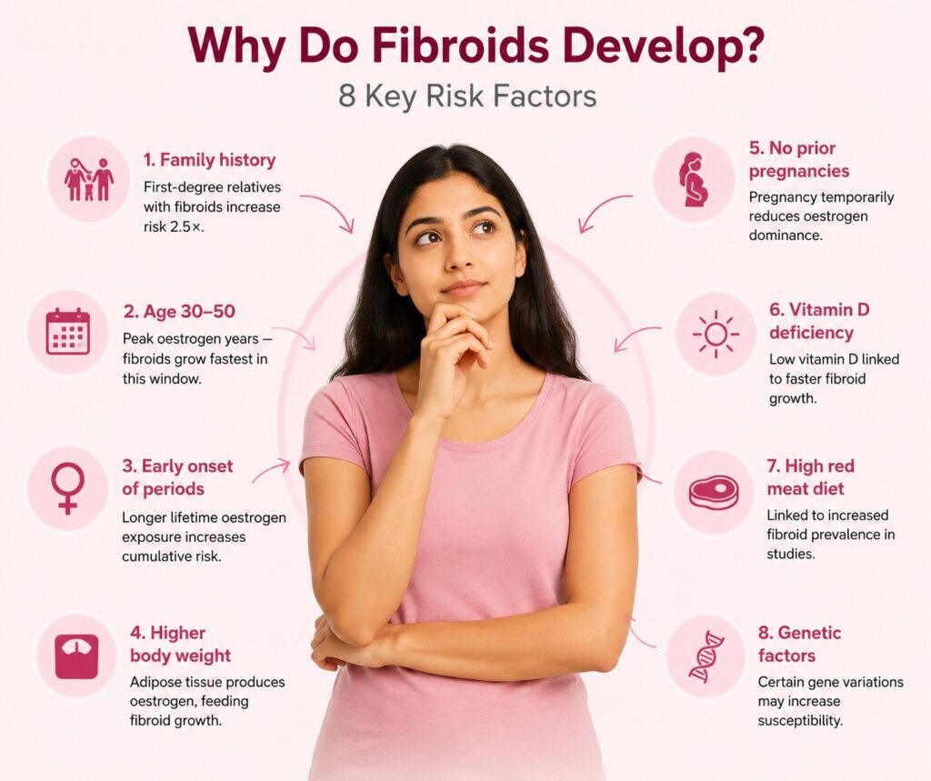Educational infographic about uterine fibroid causes, risk factors, and symptoms in women with modern healthcare design.