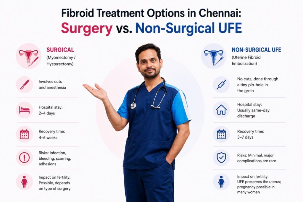 Clean medical comparison infographic showing surgical vs non-surgical UFE fibroid treatment options in Chennai with doctor.