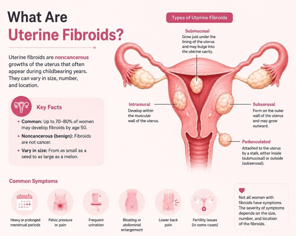 Woman experiencing pelvic pain and bloating caused by uterine fibroid symptoms with medical infographic design in Chennai.